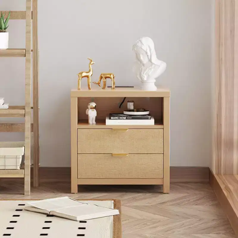Natural Oak Nightstand With Charging Station 2 Drawer Wood Bedside Table Storage Shelf Modern Farmhouse Bedroom Furniture Accent Cabinet End Table