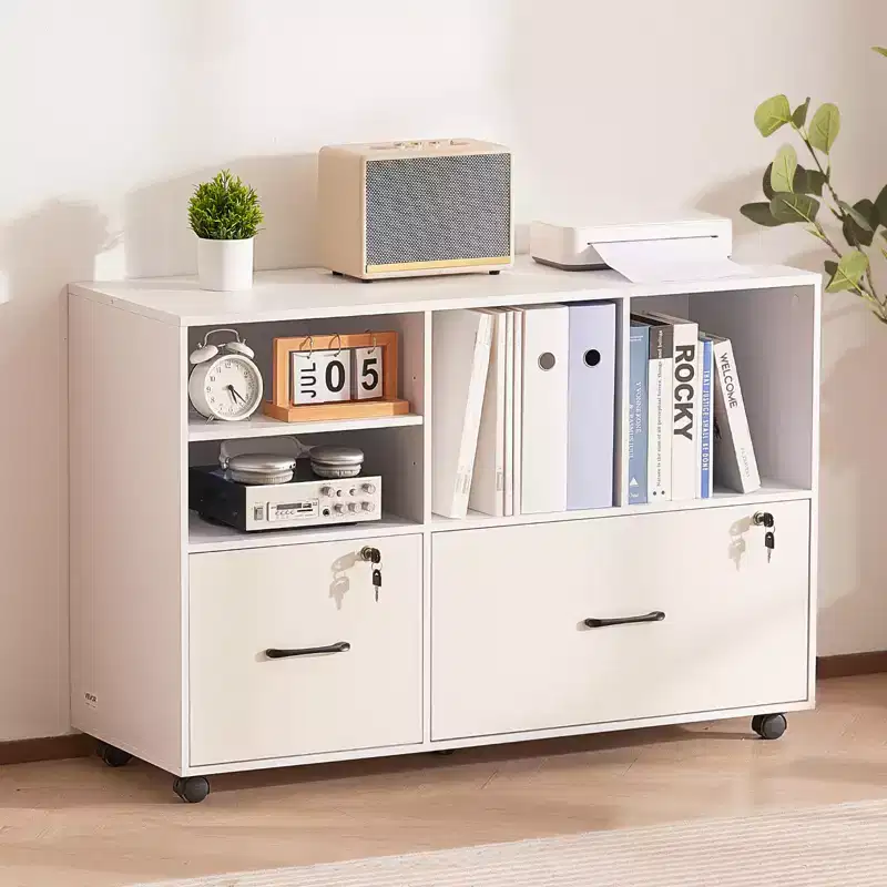2 Drawer Wooden File Cabinet, Mobile Filing Cabinet with Open Shelves, Lockable Lateral Rolling File Storage with Adjustable Shelves, White