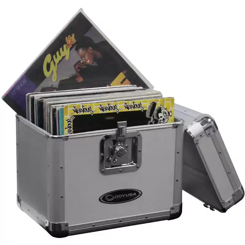 Record Utility Case for 70 Vinyl Records and LPs with Foam-Lined Interior, Secure Lock, and Handle, Silver