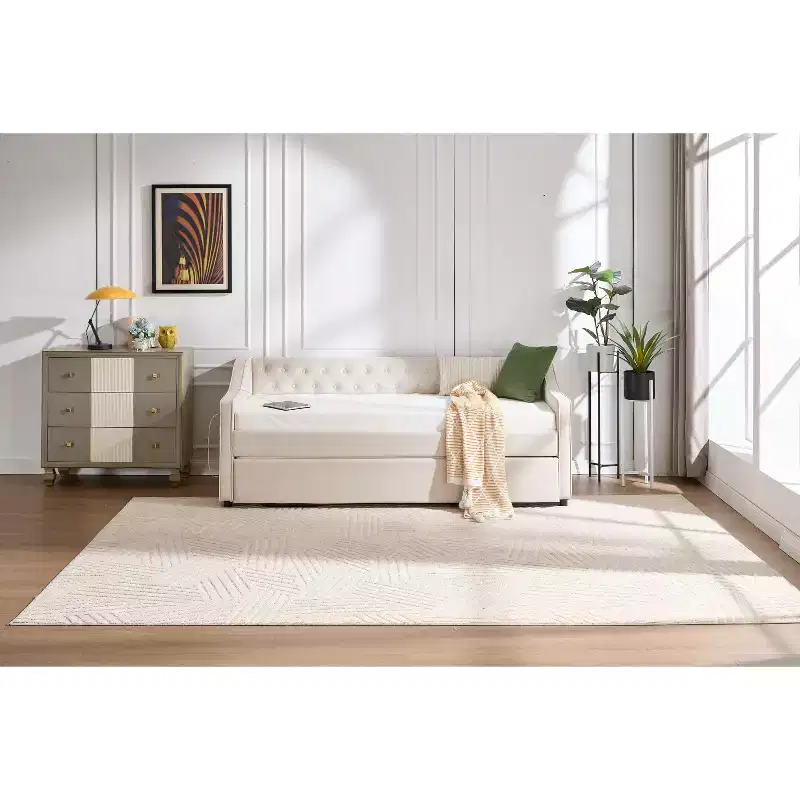 Twin Size Daybed with Trundle, Velvet Sofa Bed with USB Port, Side Pockets, Button Back for Bedroom, Living Room - ModernLuxe