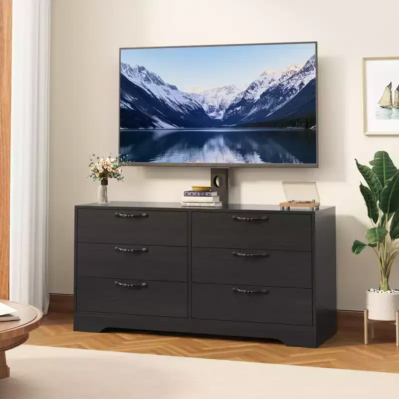 TV Stand with Mount & 6 Drawers, Adjustable Entertainment Center for Up to 75 TVs, Wooden Media Console Table for Living Room Bedroom, Black