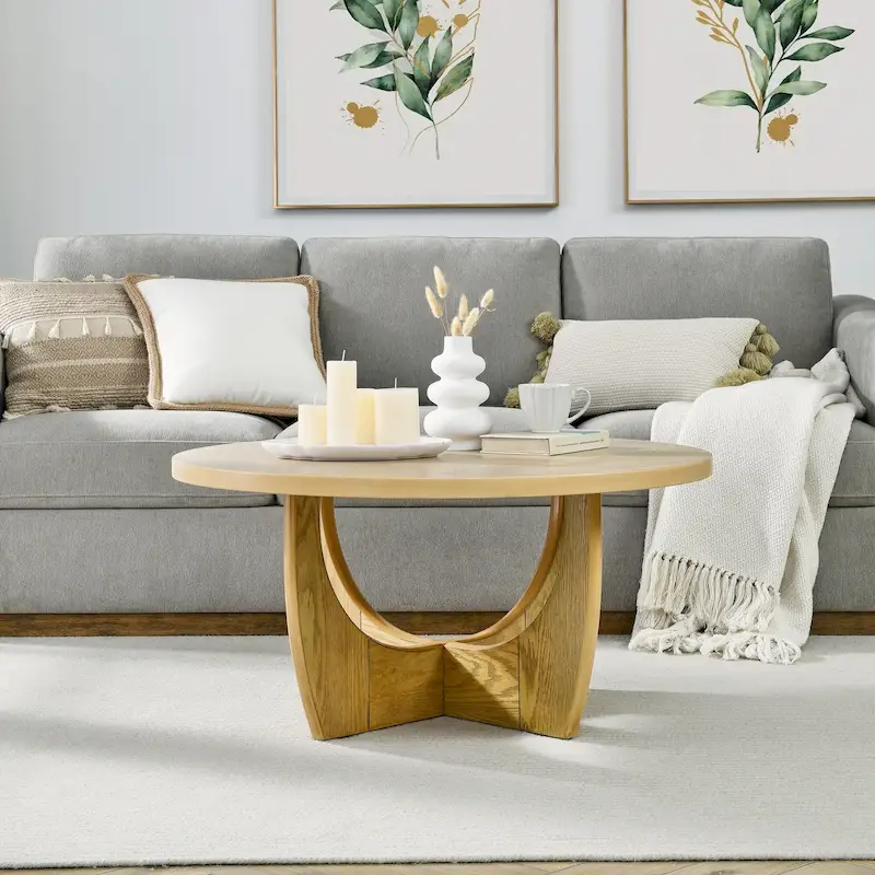 Oak Round Coffee Table with Sliding Storage, Mid-Century Style