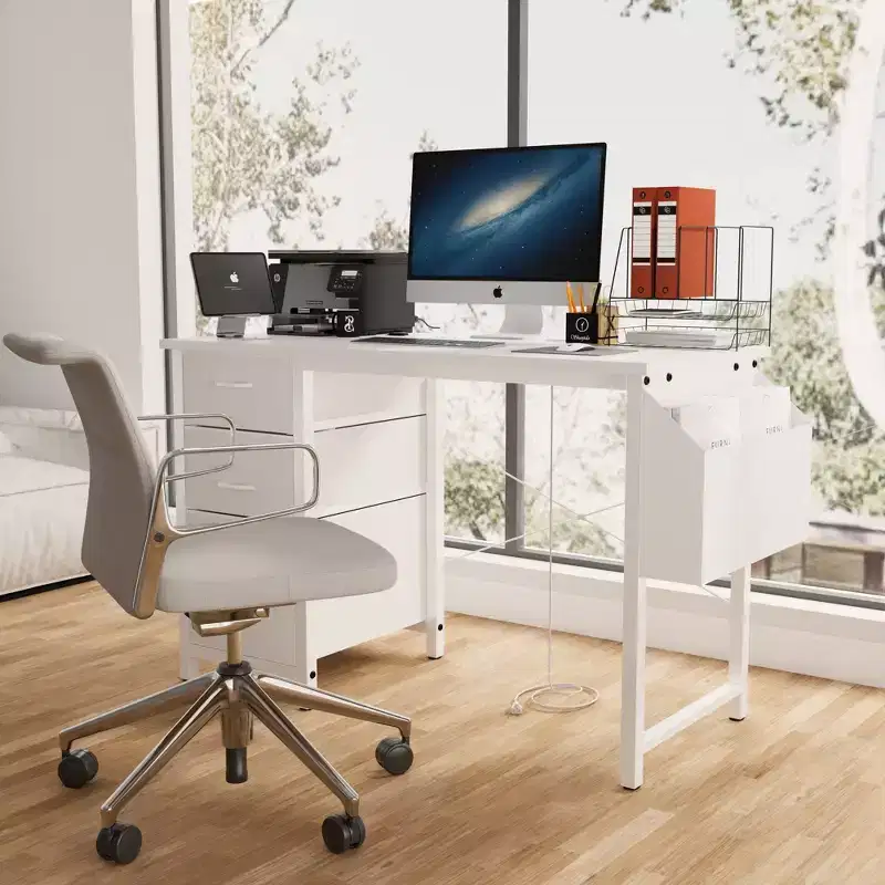 Okak 47.3IN Modern Computer Desk with 3 Drawers, Office Desk with Side Pocket, Gaming Desk for Living Room, Reading Room, Office