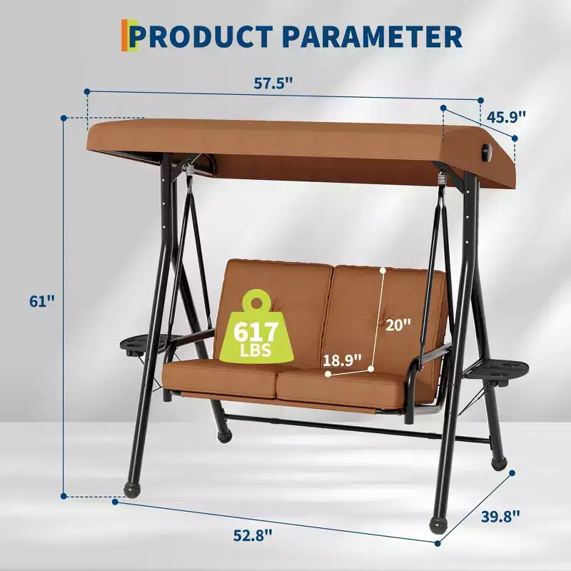 Adjustable 2-in-1 Patio Swing for 2 with Canopy, Cup Holders & Thick Cushions, Weather-Resistant Steel Frame
