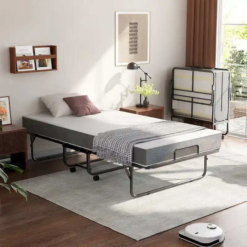 Folding Bed with 5 Inch Memory Foam Mattress, Small Single Bed Extra Guest Bed with Wheel