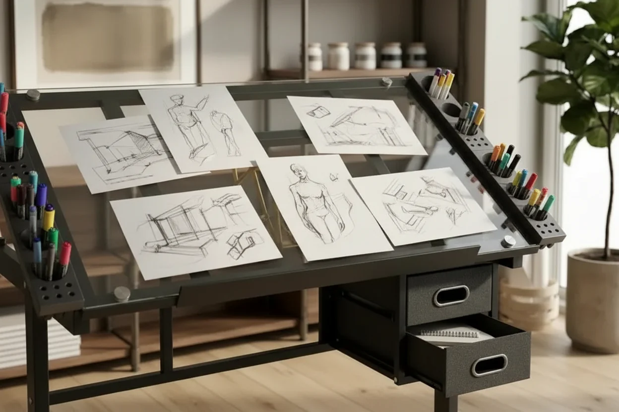 Magdalena Modern Metal Adjustable Drafting Desk with Tempered Glass, 2 Fabric Drawers and 4 Wheels