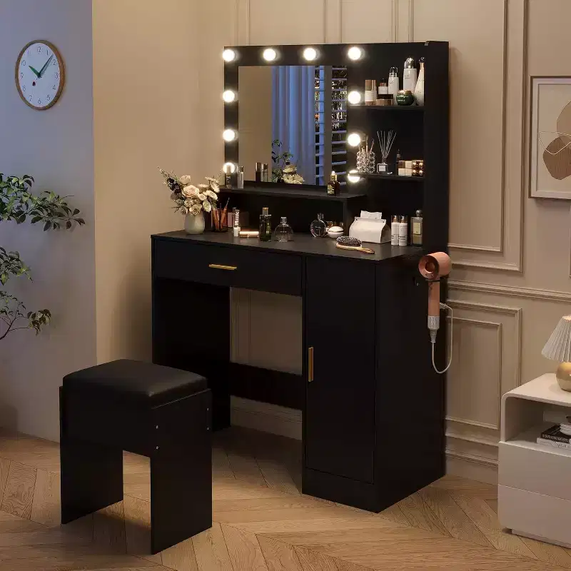 Makeup Vanity Desk with Adjustable LED Mirror, Charging Station, Drawer & Cabinet, Compact Set with Stool for Bedroom Living Room