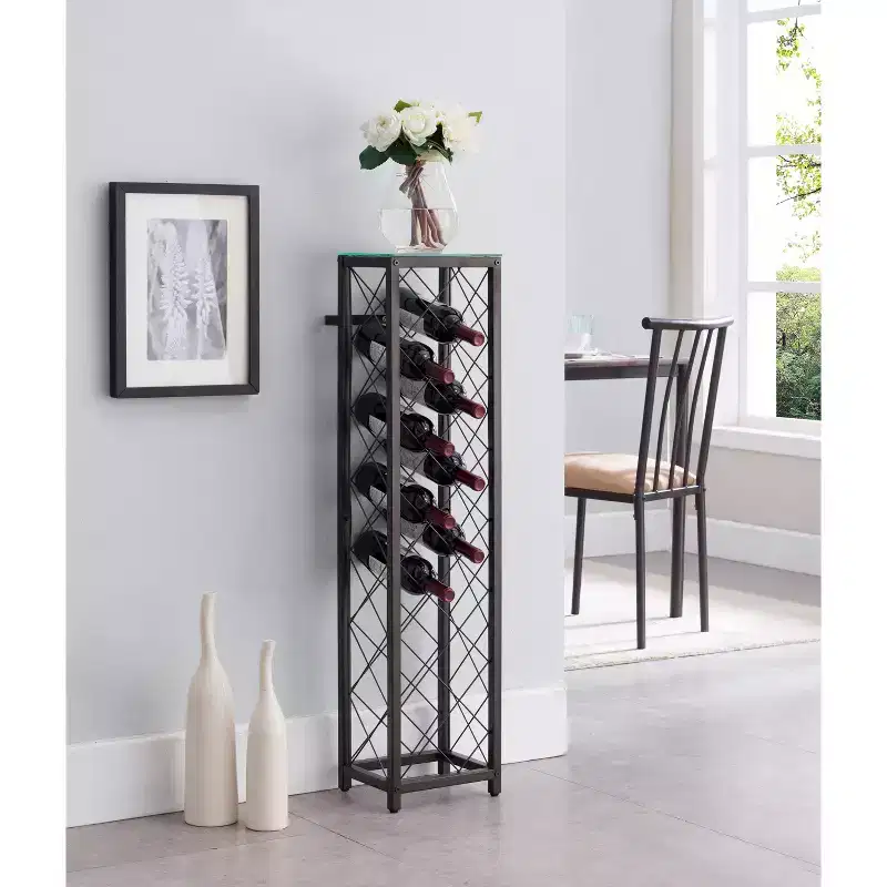 Kings Brand Furniture Narenda Pewter Freestanding Metal Wine Rack Tower with Shelf and Bottle Holder, Stores Up to 13 Wine Bottles
