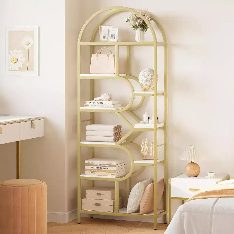 Modern 6-Tier Tall Bookshelf with Arched Geometric Design - 82 Open Storage Display Rack for Home Office and Living Room Organization