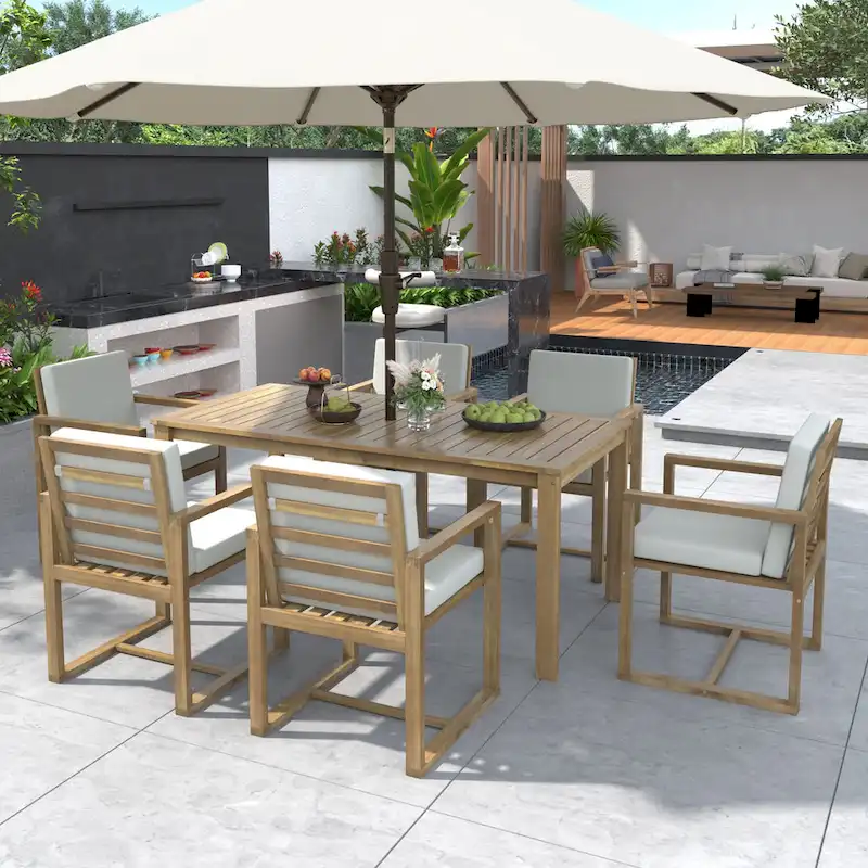 7 Pcs Outdoor Patio Dining Table and Chair Set, All-Weather Patio Furniture Set, Dining Table with Umbrella Hole and 6 Chairs