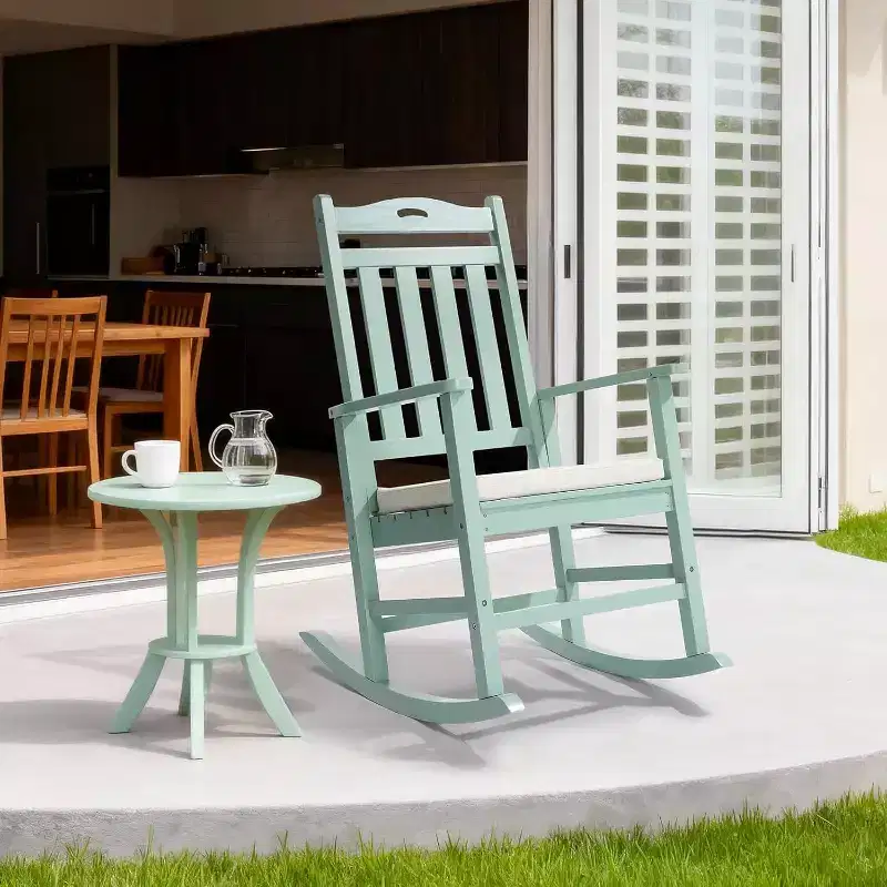 VINGLI Outdoor Rocking Chair, Heavy Duty 450 lbs Poplar Wooden Rocking Chair with High Backrest Design, Come with a Cushion