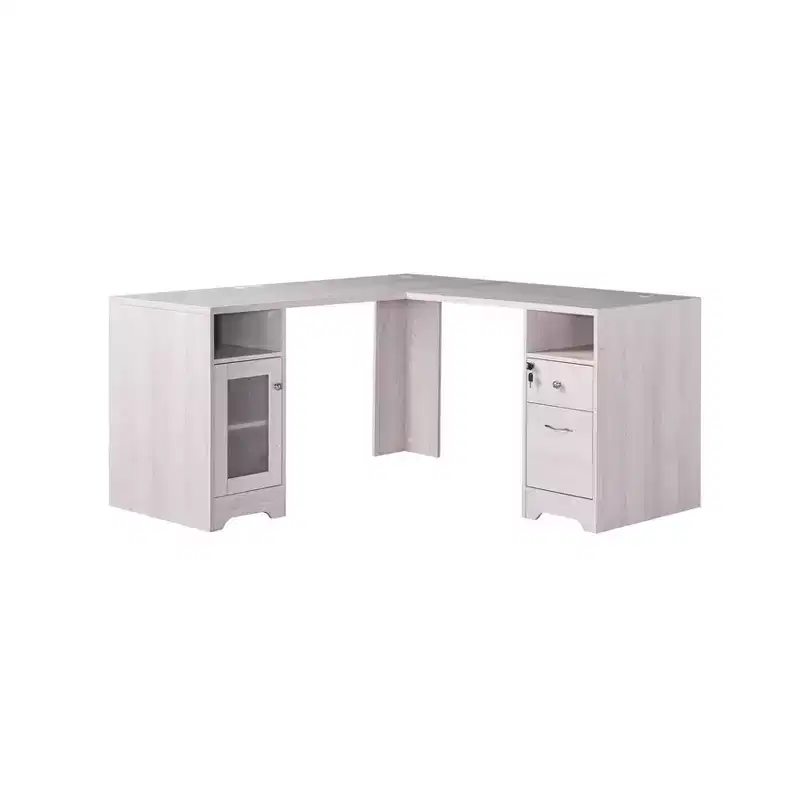 Ghally Locking Drawer L-Shape Desk with USB Ports White Oak - miBasics: Equipped with File Storage, Matte Finish