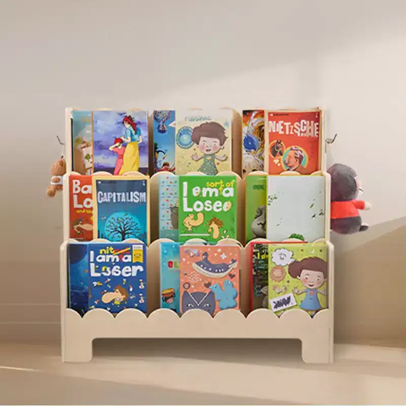 Montessori Bookshelf, 3-Tier Scalloped Kids Bookshelf, Front Facing Toddler Bookcase, Dual Hooks for Hanging Backpacks