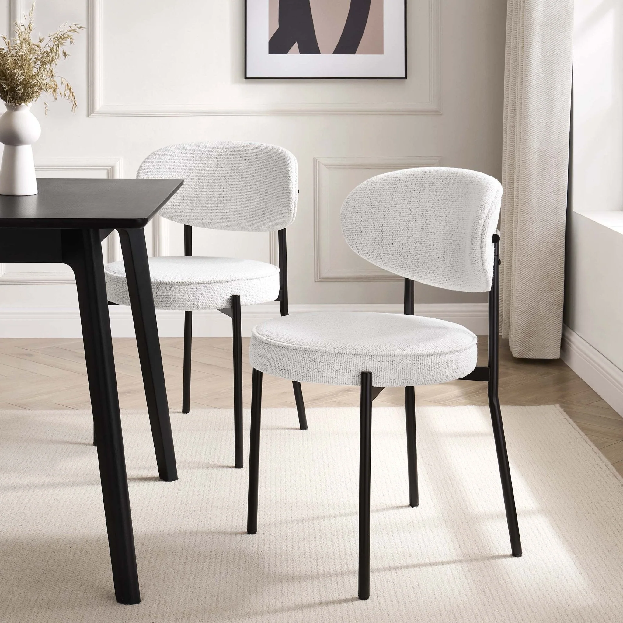 Contemporary Ivory Boucle Dining Chair with Rounded Back for Dining Room