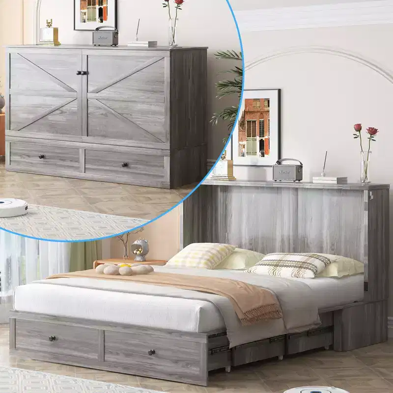 Modern Full/Queen Size Murphy Bed Chest with Storage, No Mattress, Gray, 57x11x79 in