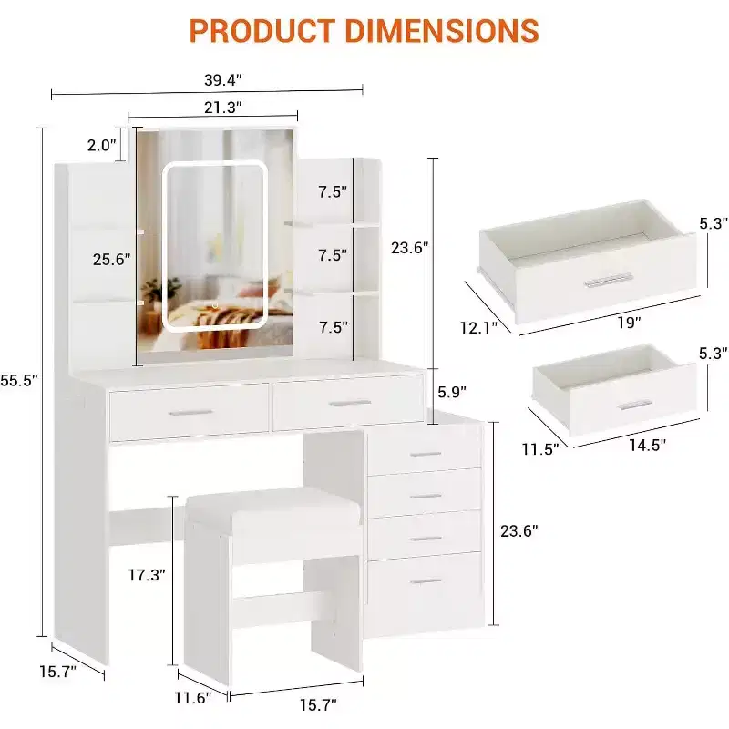 Acekool Vanity Desk Set with LED Mirror, Charging Ports, 6 Drawers, Shelves, Hairdryer Holder & Stool, Adjustable Lighting, White