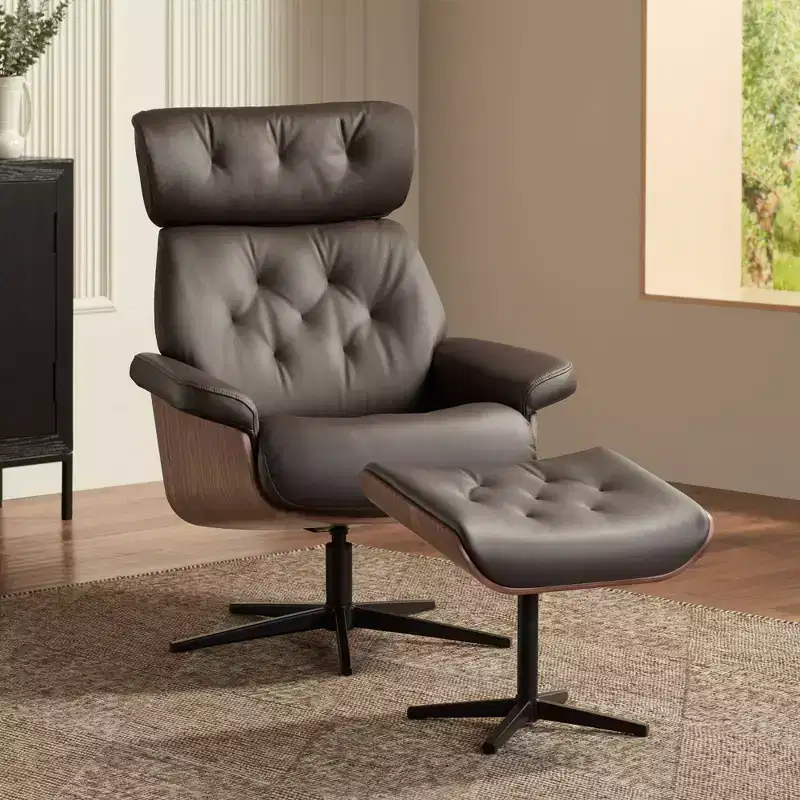 BenchMaster Melia Chocolate Tufted Faux Leather Swivel Recliner and Slanted Ottoman