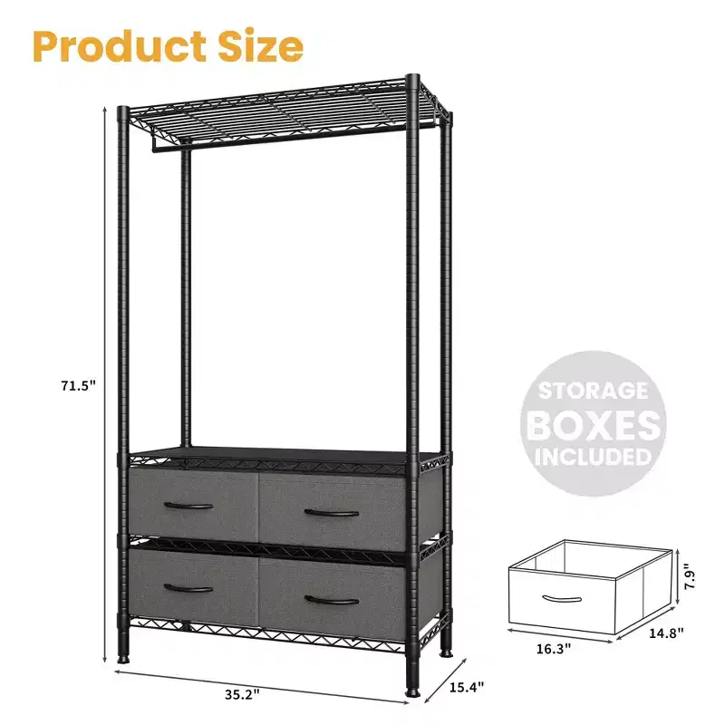 71H Clothes Rack With 4 Fabric Drawers, Wire Garment Rack with Hang Rod & Adjustable Shelves, Freestanding Clothing Rack for Bedroom
