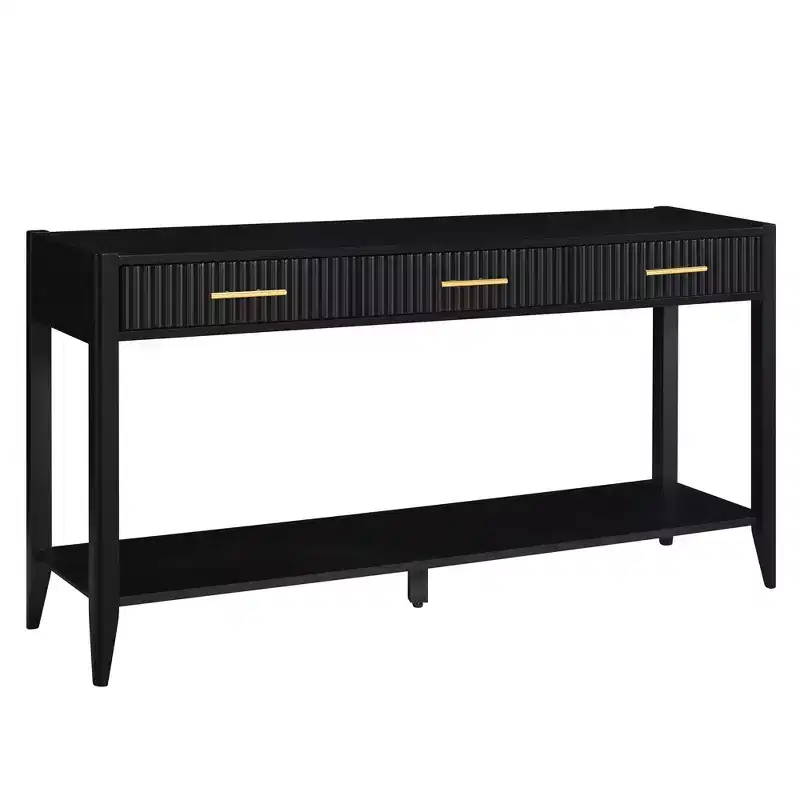 Clihome 60 Inch Console Table with 3 Wavy Drawers, Modern Entryway Table with Metal Handles and Storage Shelf