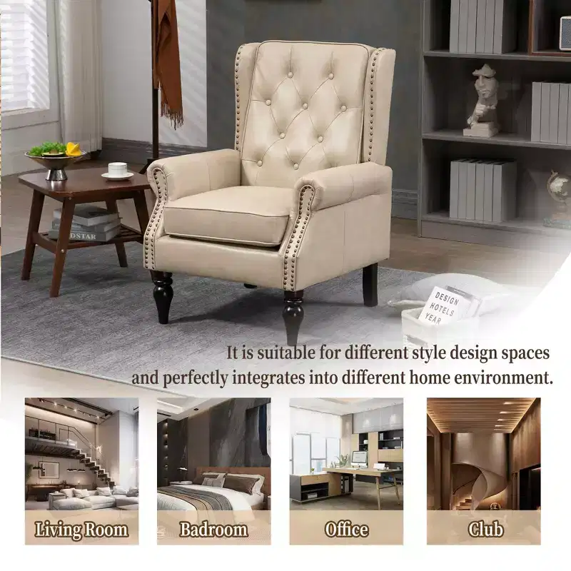 Wood Frame Armchair, Sturdy Wood Legs, Living Room Bedroom, Black PU