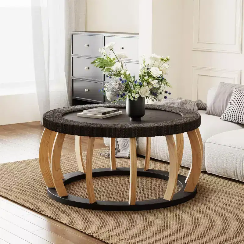 35.43 Round Coffee Table, Boho Accent Table Center Table, Solid Wood Curved Legs with Rattan Woven Top