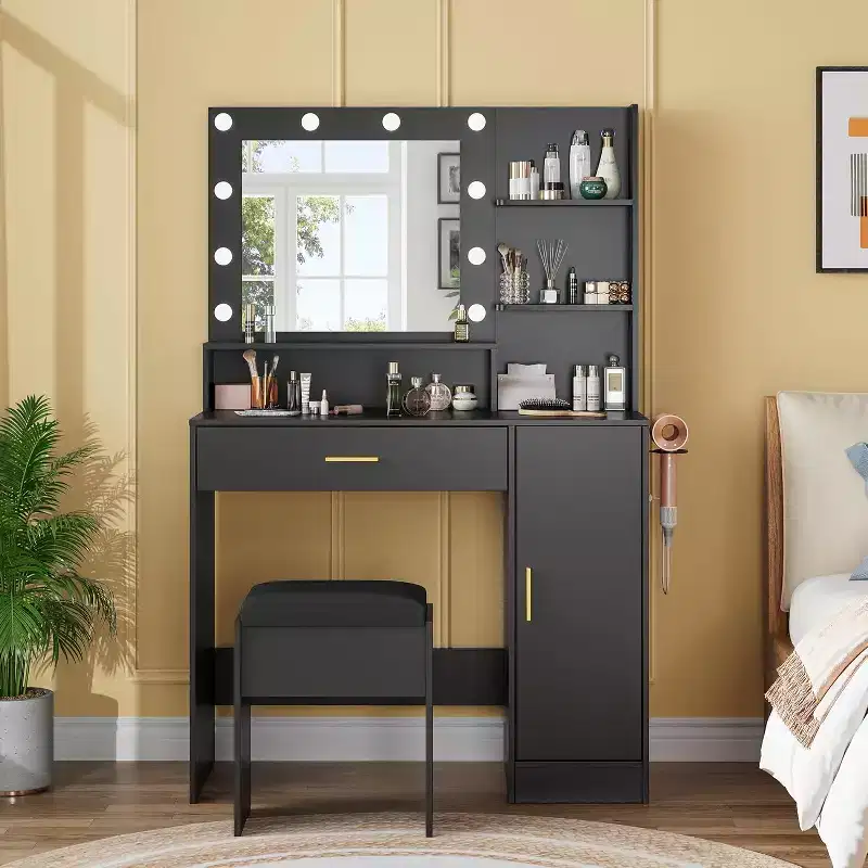 35.4 Makeup Vanity Desk with Smart 3-Level LED Mirror, Charging Station, Storage Drawer, Cabinet & PU Stool for Bedroom Living Room