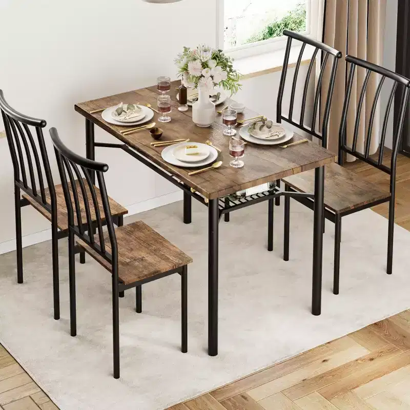 Rustic Wooden Dining Table Set for 4, 4-Piece Farmhouse Kitchen & Dining Room Table with Chairs, 1.18 Thick Tabletop, Adjustable Legs