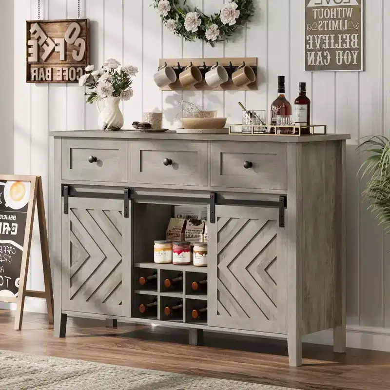 Garvee Farmhouse 47.2'' Buffet Cabinet with Sliding Barn Door, 33.4'' Tall Rustic Sideboard with 3 Drawer, Gray