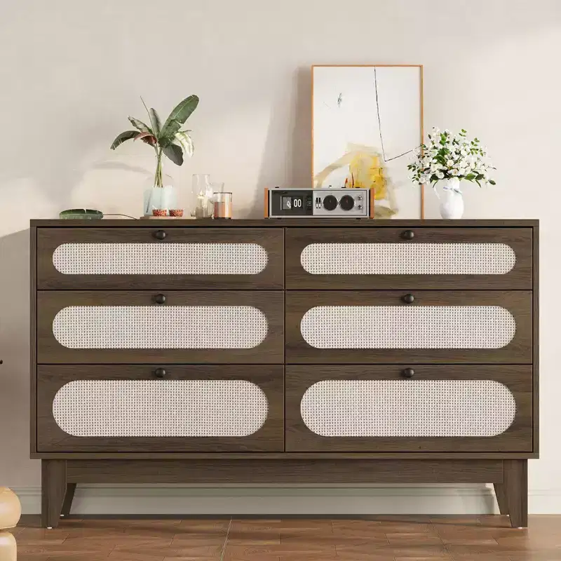 Rattan Nightstand Bedside Table, Modern Side Table with 6 Drawers, Narrow Chests of Drawers, End Tables for Bedroom, Living Room