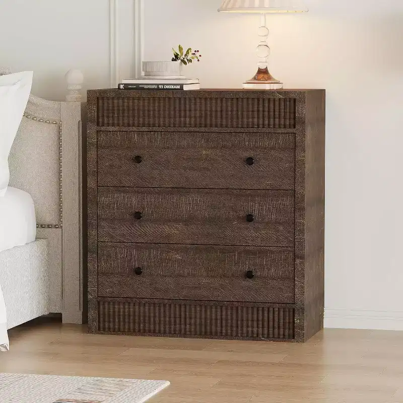 Modern Walnut 3-Drawer Dresser, 31.5 Wide Fluted Chest of Drawers, Wood Storage Cabinet for Bedroom, Kids Room, Hallway, Living Room