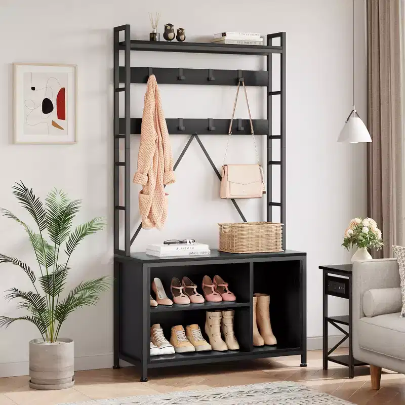 Shoe Rack for Closet, 36.41 Hall Tree with Shoe Storage Bench, Hallway / Entryway Bench with Coat Rack & Wall Rack 8 Hooks, Industrial Bench