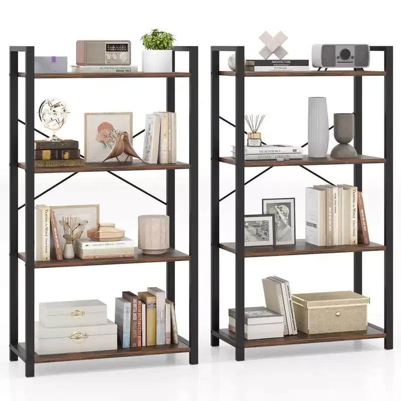4-Tier Metal Frame Floor Bookcase, Set of 2