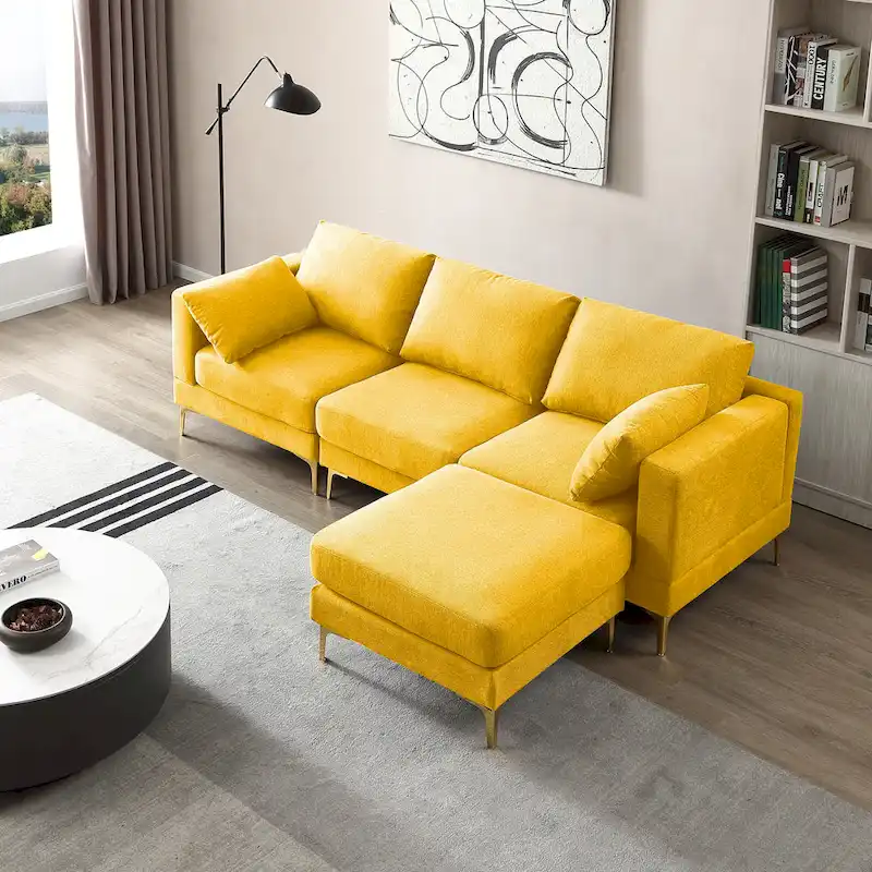 Christopher Knight Home - Beige L-Shape Sectional Sofa with Gold Metal Legs and Ottoman