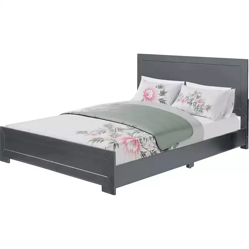 HomeRoots Gray Inlaid Panels Wood King Bed Frame