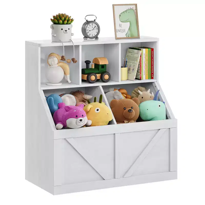 Compact Wooden Kids Bookshelf and Toy Organizer  35-Inch, 3 Open Shelves, 2 Storage Bins  2-Tier Bookcase