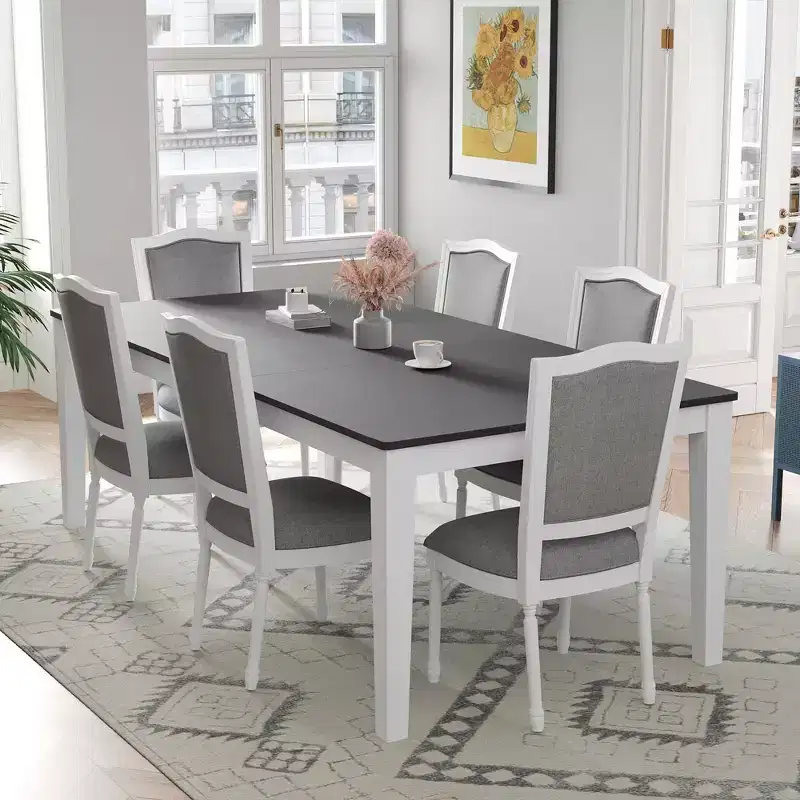 MAYEERTY 7-Piece Rustic Extendable Dining Table Set, 78.1 Table with 18 Leaf & 2 Drawers, 6 Upholstered Chairs, Dark Gray + White