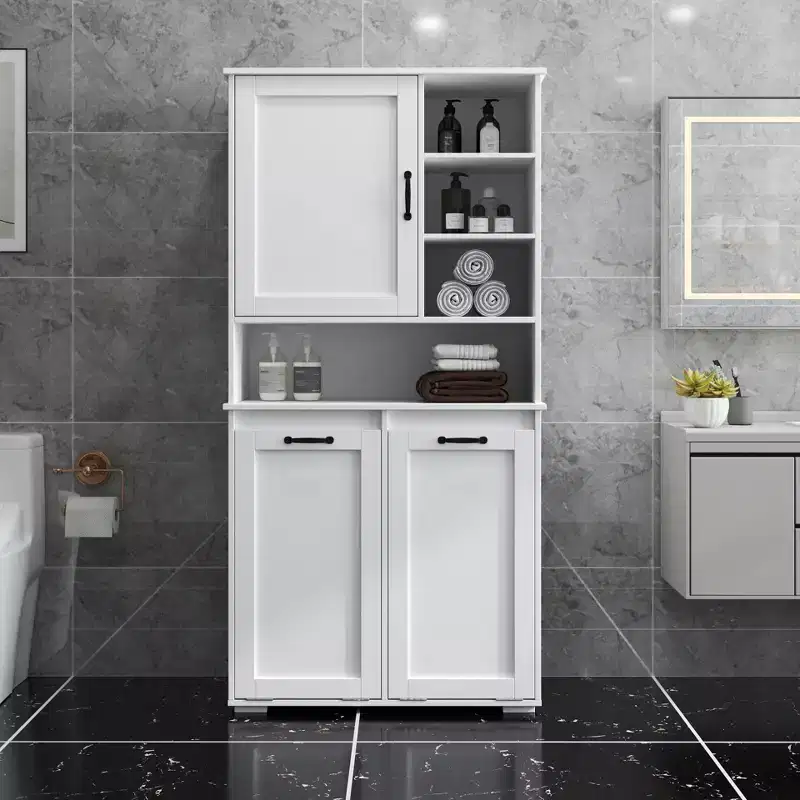 CLIHOME Freestanding Laundry Cabinet with Doors and shelf, Tilt-Out Laundry Hamper, Multiple Storage Space, White