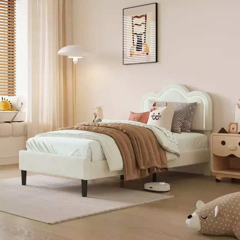 Twin Upholstered Bed Frame with Adjustable Mountain Headboard Kids Platform Bed Frame with Wooden Slats Support and RGB LED Light