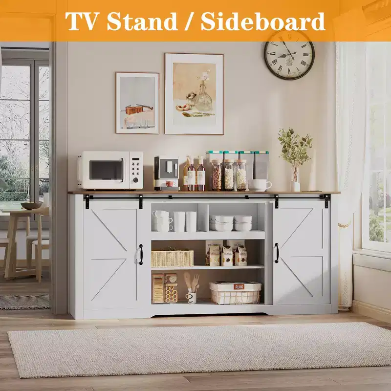 Farmhouse TV Stand for 80 Inch TV  70-Inch Entertainment Center with Sliding Barn Doors, Adjustable Storage Shelves, Media Console for Living Room