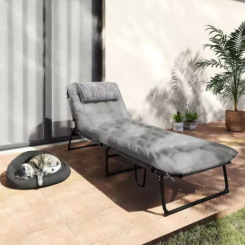 Folding Chaise Lounge Pool Chair with 4-level Reclining Back, Cushion, Side Pocket, Headrest