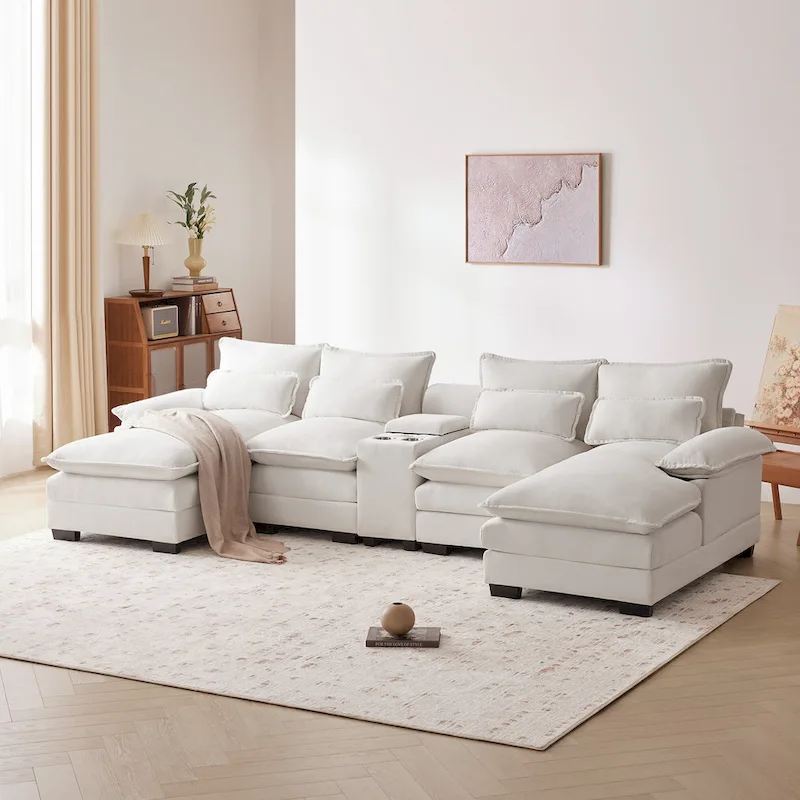 [VIDEO provided][New]123*55 Modern U-shaped Sofa with Console,Cupholders and USB Ports,6-seat Upholstered Symmetrical Indoor Fu