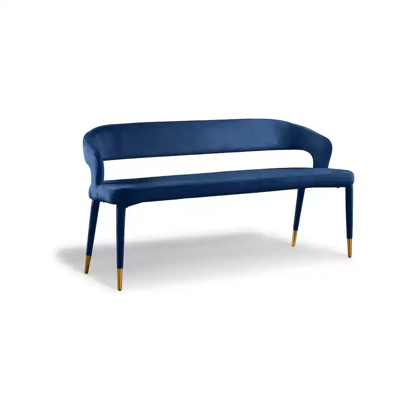 Navy Velvet Upholstered Bench with Gold-Tipped Legs, Contemporary Design