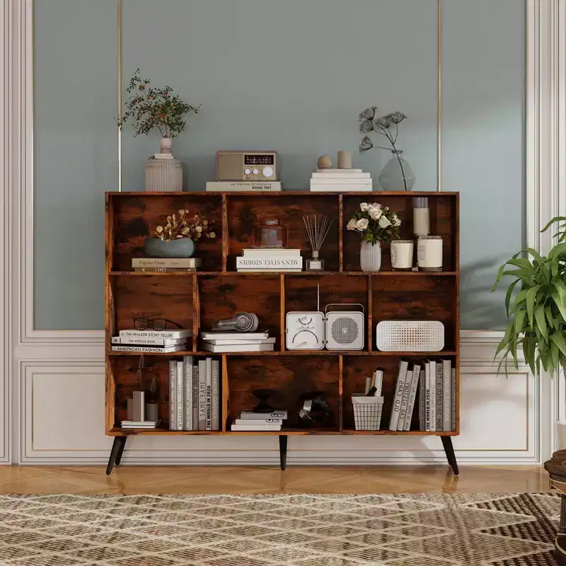 Modern 10-Cube Storage Bookshelf, 3-Tier Open Display Organizer with Reinforced Metal Base for Living Room and Home Office