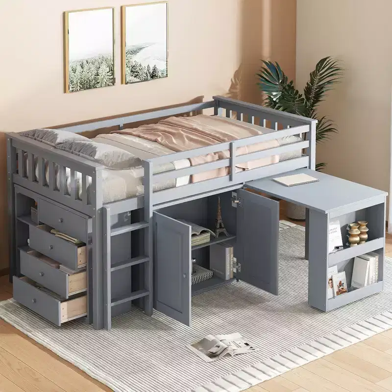 Whisen 79.2L x 42W Twin Loft Bed with Storage Cabinet, Drawer and Shelf Cabinet and Pulling-Out Desk