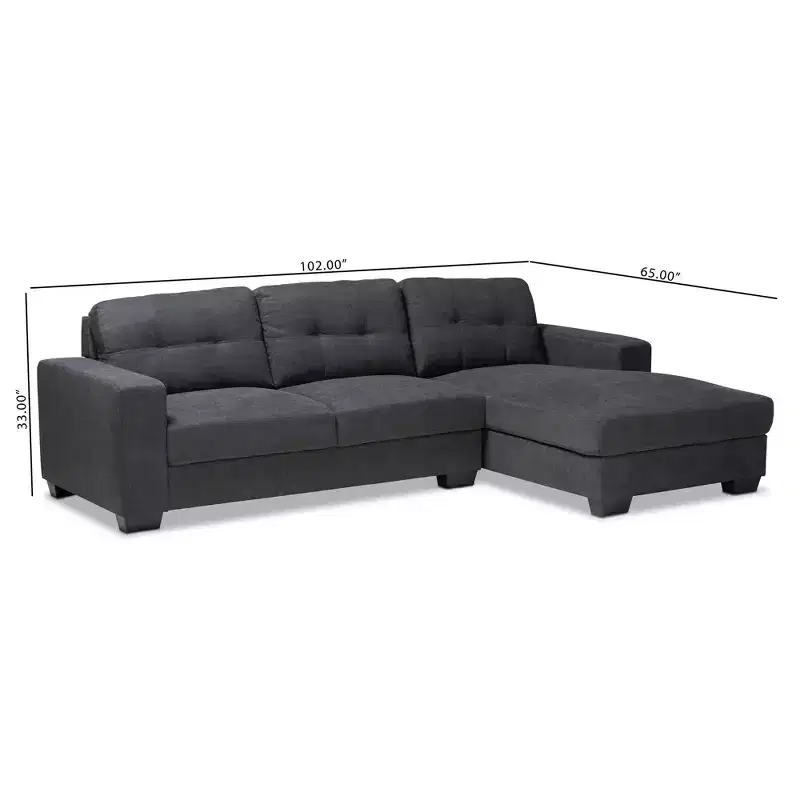 Baxton Studio Langley Sectional Sofa with Right Facing Chaise Dark Gray: Mid-Century Modern, Upholstered, Wood Frame