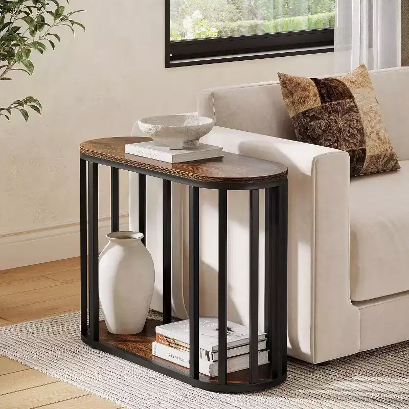Lantine 2-Tier Narrow End Table with Storage, Industrial Side Table with Black Metal Frames for Living Room, Brown