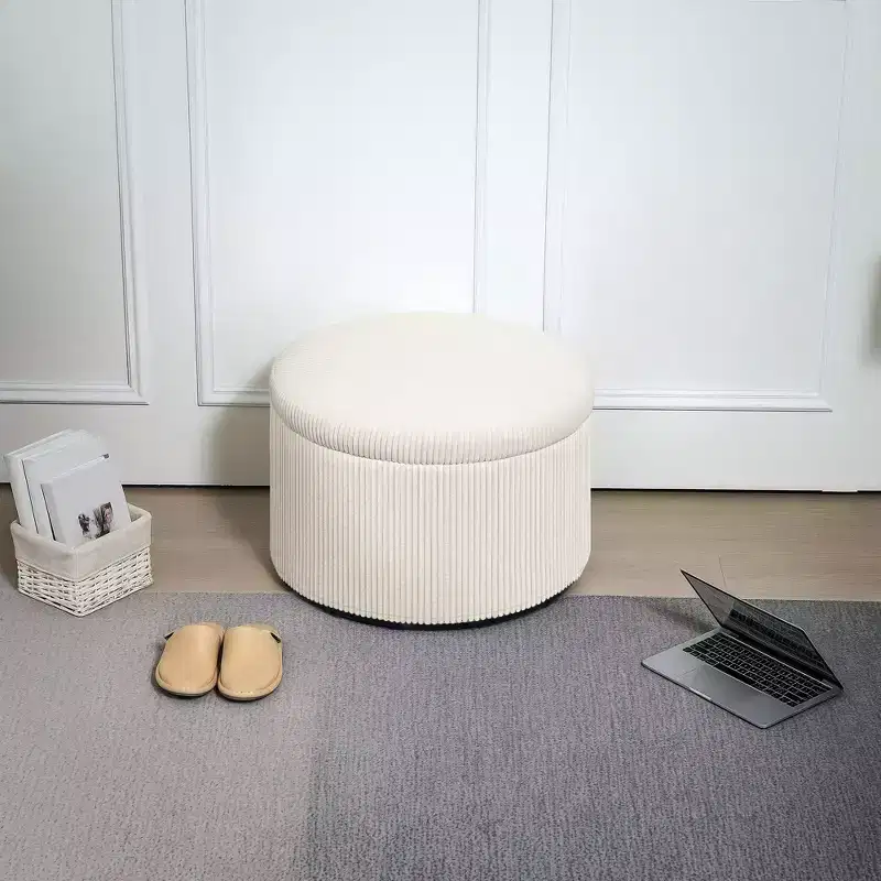 24 Inches Round Storage Ottoman Stool with Lid, Upholstered Corduroy Foot Rest for Living Room, Bedroom
