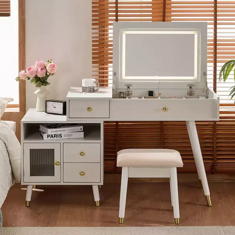 Okak 3-IN-1 Makeup Vanity with Flip-Top Mirror & Adjustable Cabinet, Dressing Table with Padding Stool, Vanity Table for Bedroom, White