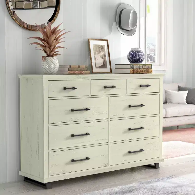 64" Dresser with 9 Drawers Cut Off-White - : Modern Farmhouse Style, Iron Leg Support, MDF Construction