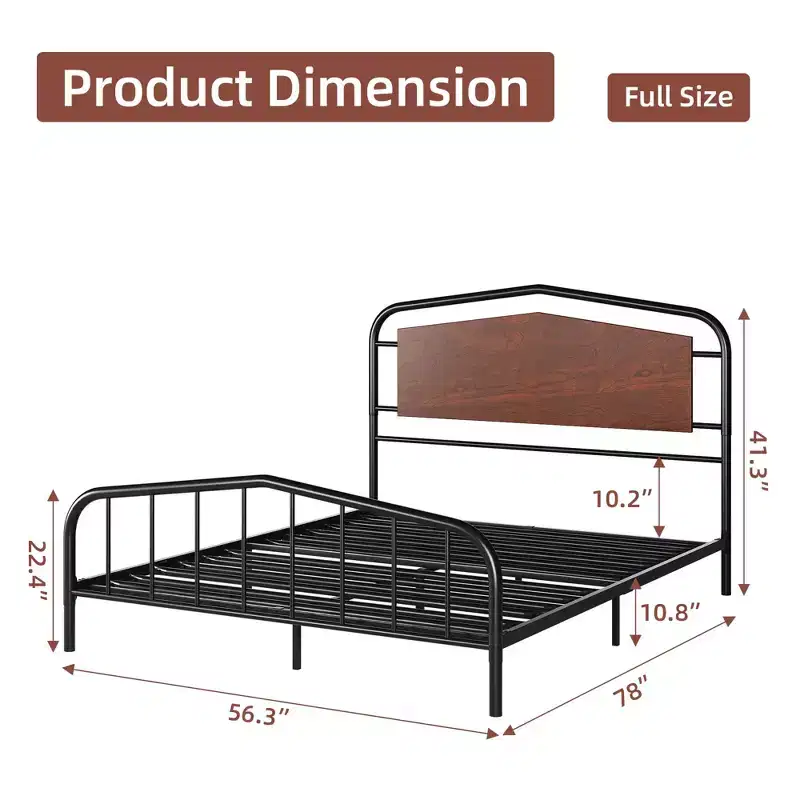 Full Size Bed Frame with Wooden Headboard and Footboard, Heavy Duty Platform Bed with Under-Bed Storage, Solid Metal Construction, Easy Assembly